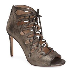 LOUISE ET CIE NWOB Kacy Pewter Metallic Open Toe Caged Lace Up Heels Zip